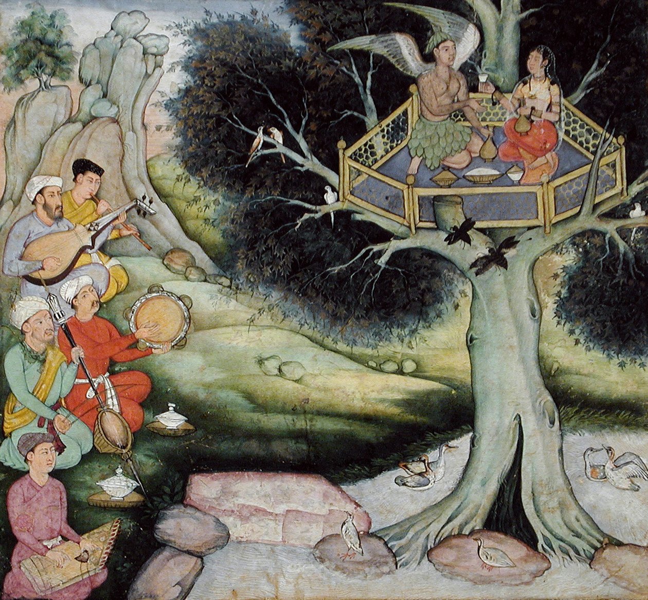 Somaprabha en een hemelse nimf luisteren naar muziek, ca. 1590 door Mughal School