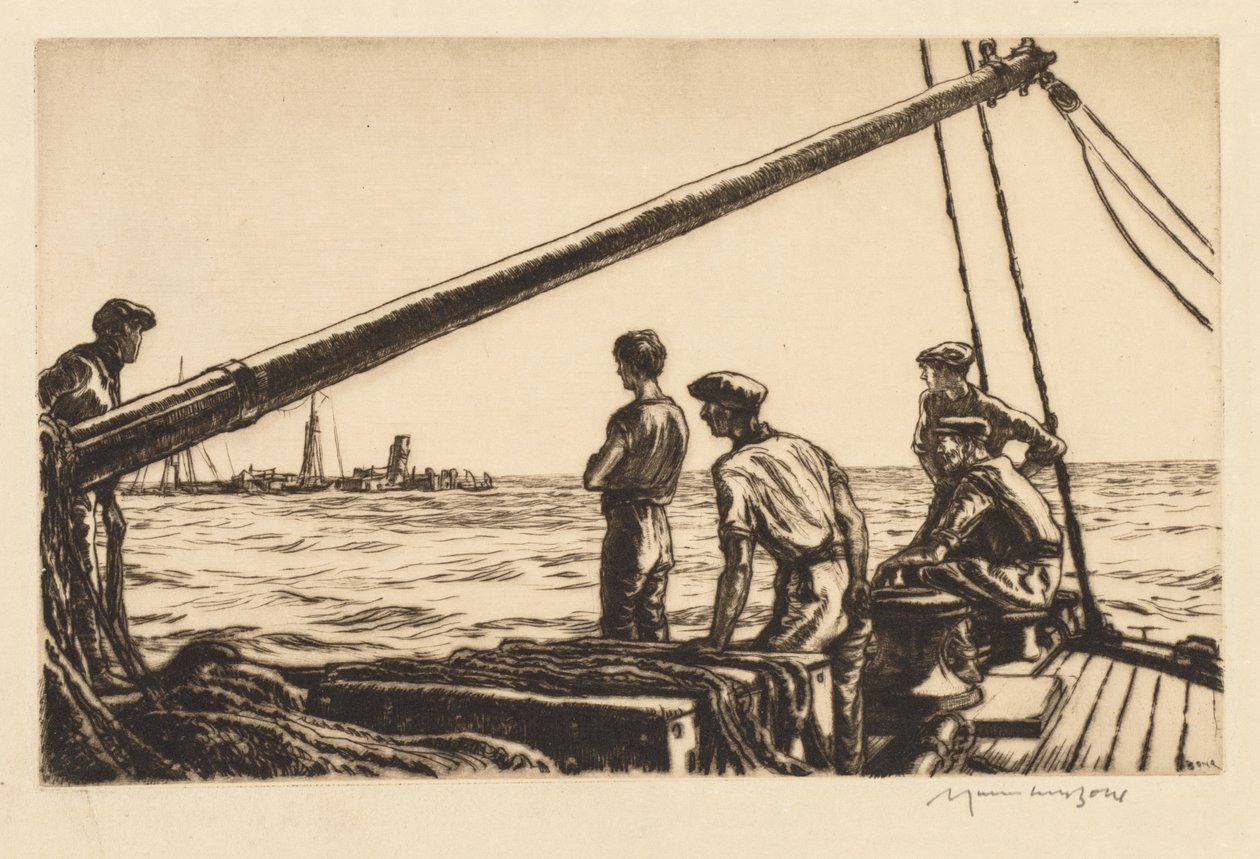 Reddingswerkers naderen een getorpedeerd schip door Muirhead Bone