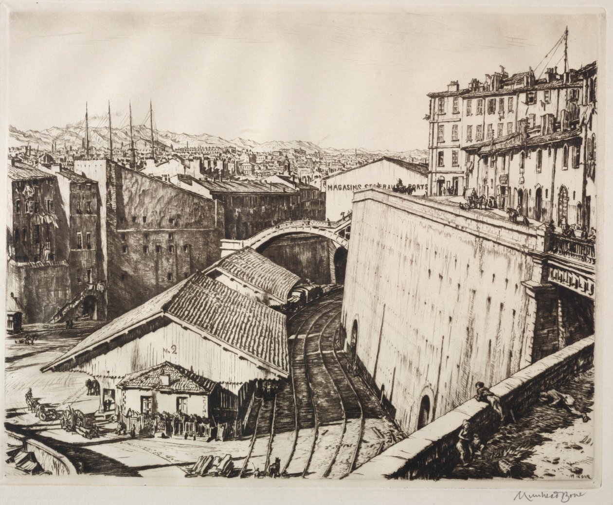Treinenschuur, Marseille door Muirhead Bone