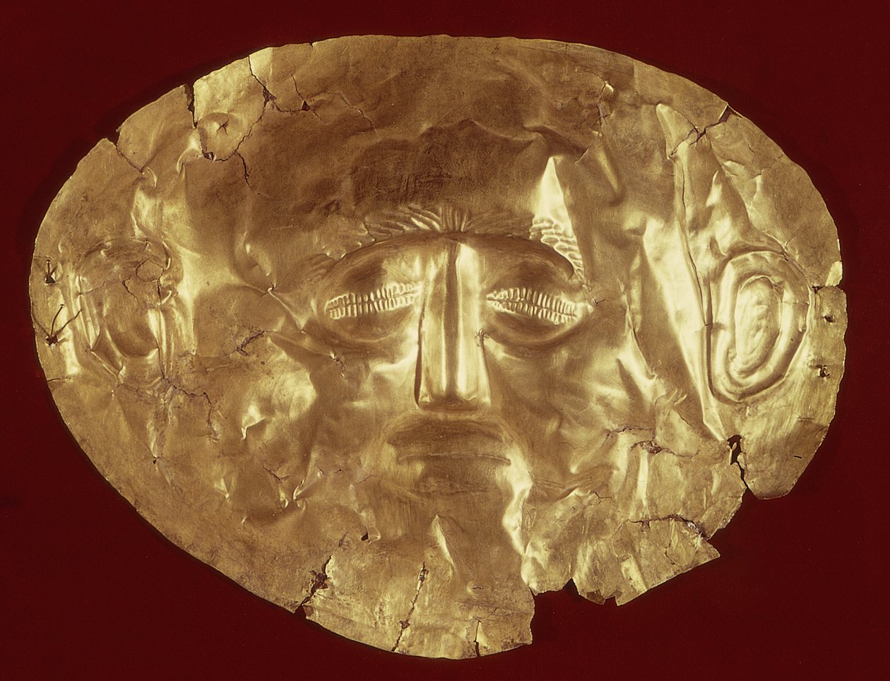 Doodsmaske uit het Koninklijke Graf IV, Mycene, c.1580-1550 v.Chr. (goud) door Mycenaean