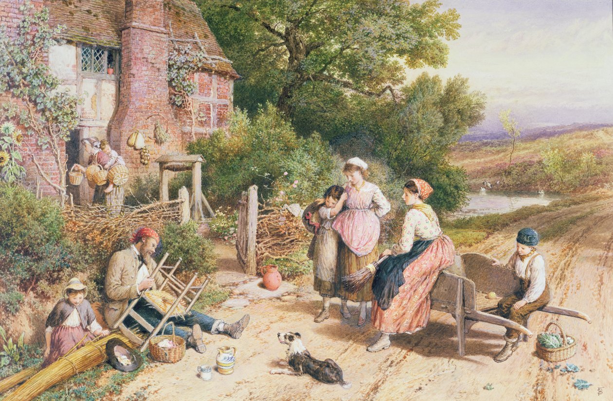 Reizende Stoelenmaker en Marskramer met manden bij Witley, Surrey door Myles Birket Foster
