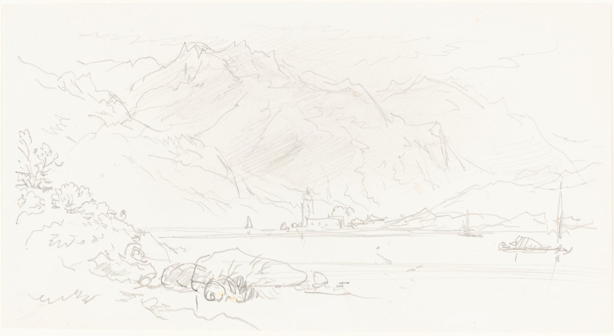 Meer in een bergachtig landschap door Myles Birket Foster
