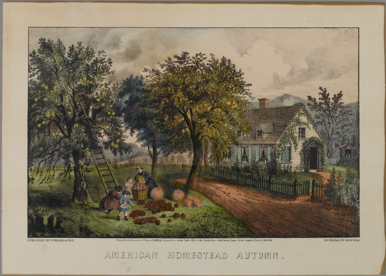 Amerikaans landhuis herfst, 1868-69 door N. and Ives, J.M. Currier