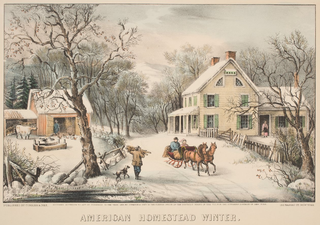 Amerikaanse Homestead Winter, 1868 (gekleurde litho) door N. and Ives, J.M. Currier