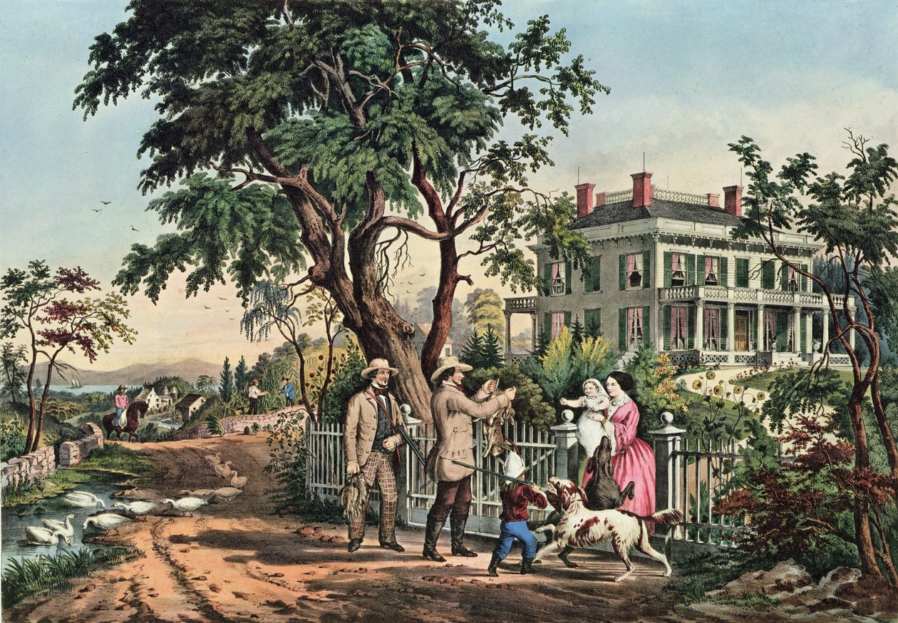 Amerikaans plattelandsleven - Oktober namiddag, 1855 door N. and Ives, J.M. Currier