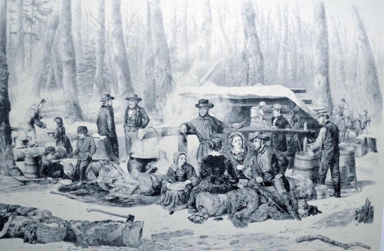Illustratie van Currier & Ives 19e Eeuw. Amerikaanse Bosscène, Esdoornsuiker door N. and Ives, J.M. Currier
