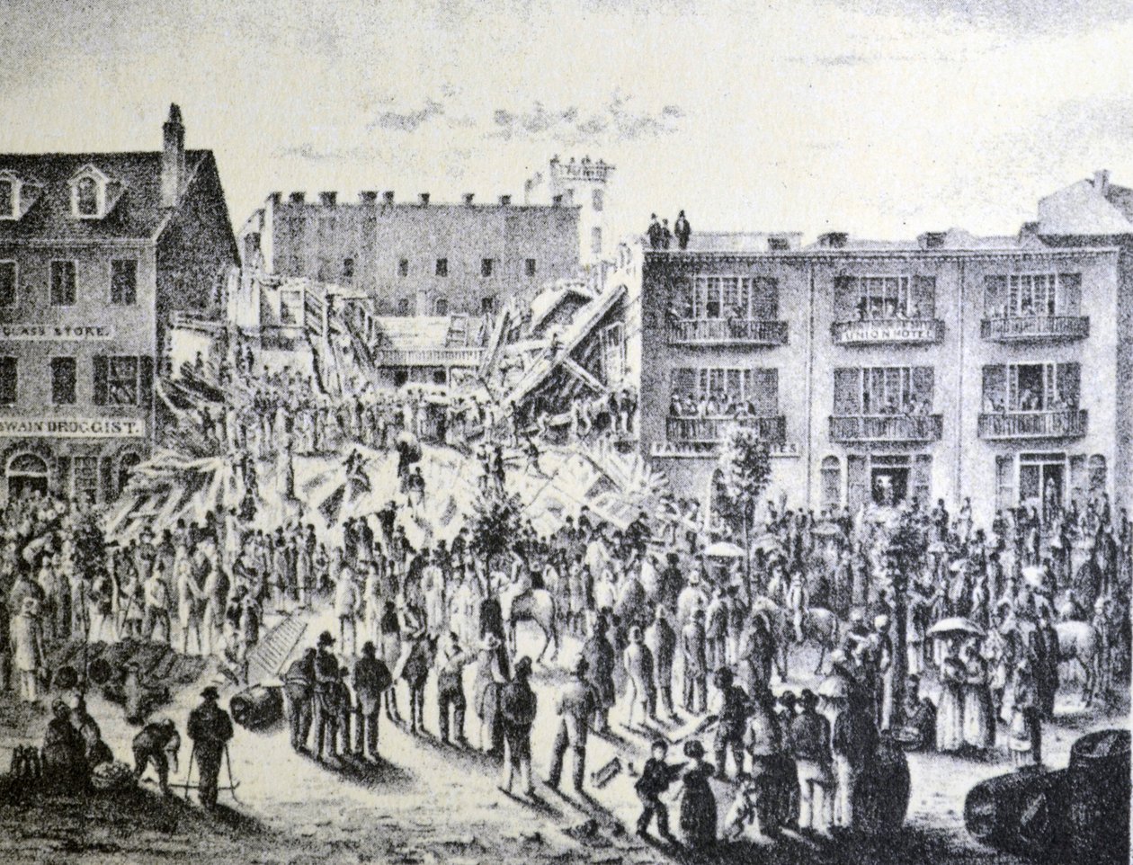 Illustratie van Currier & Ives 19e Eeuw. Ruïnes van het Planters Hotel, New Orleans door N. and Ives, J.M. Currier