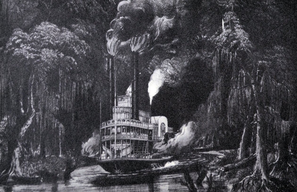 Illustratie van Currier & Ives 19e Eeuw. Door het Moeras bij Fakkellicht door N. and Ives, J.M. Currier