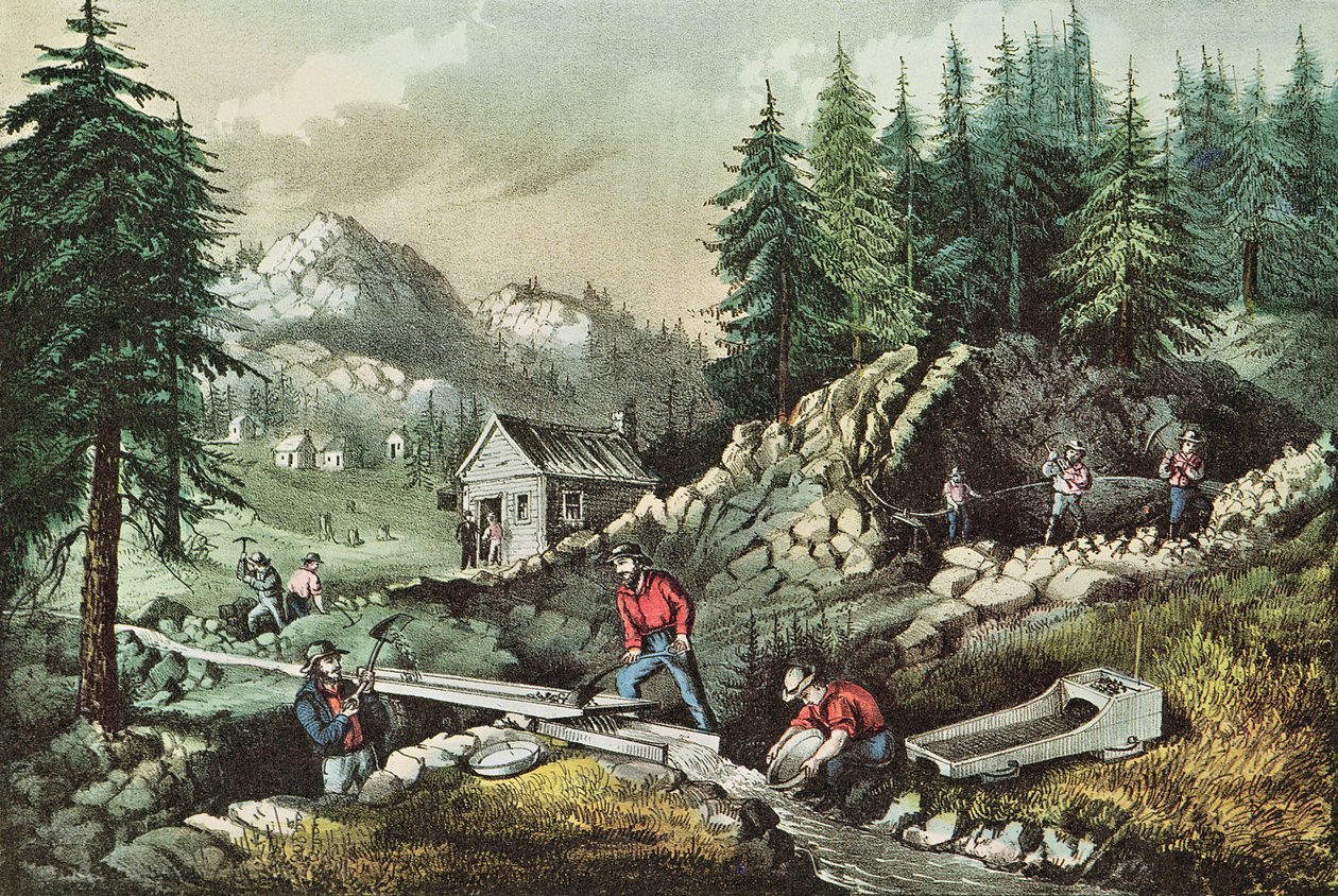 Goudwinning in Californië, 1871 door N. and Ives, J.M. Currier
