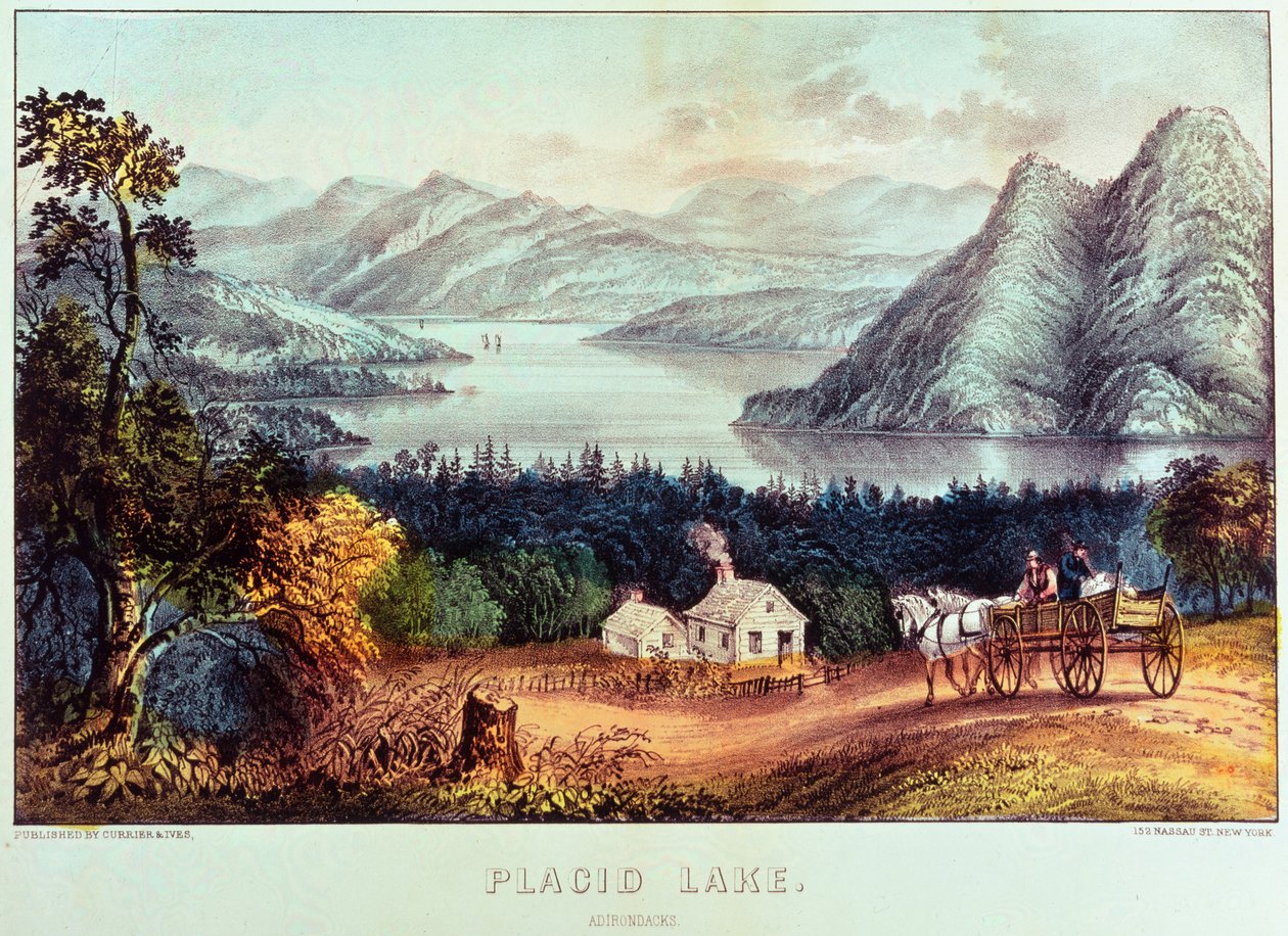 Rustig meer, Adirondacks door N. and Ives, J.M. Currier