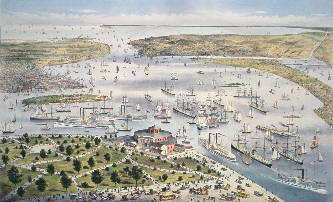 Haven van New York, Kijkend naar het Zuiden, c.1880 door N. and Ives, J.M. Currier