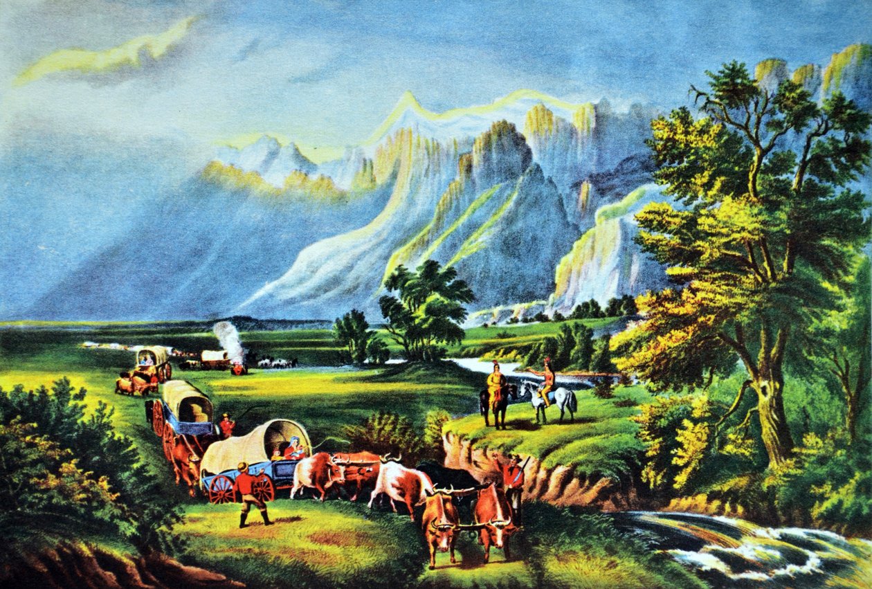 De Rocky Mountains, De Emigranten die de Vlakte Oversteken door N. and Ives, J.M. Currier