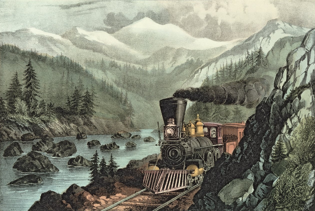 De route naar Californië. Truckee River, Sierra Nevada. Central Pacific spoorweg, 1871 door N. and Ives, J.M. Currier