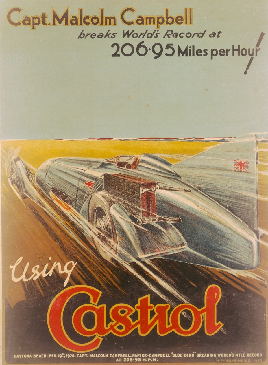Poster die Castrol adverteert, met Bluebird, 1928 door NF Humphries