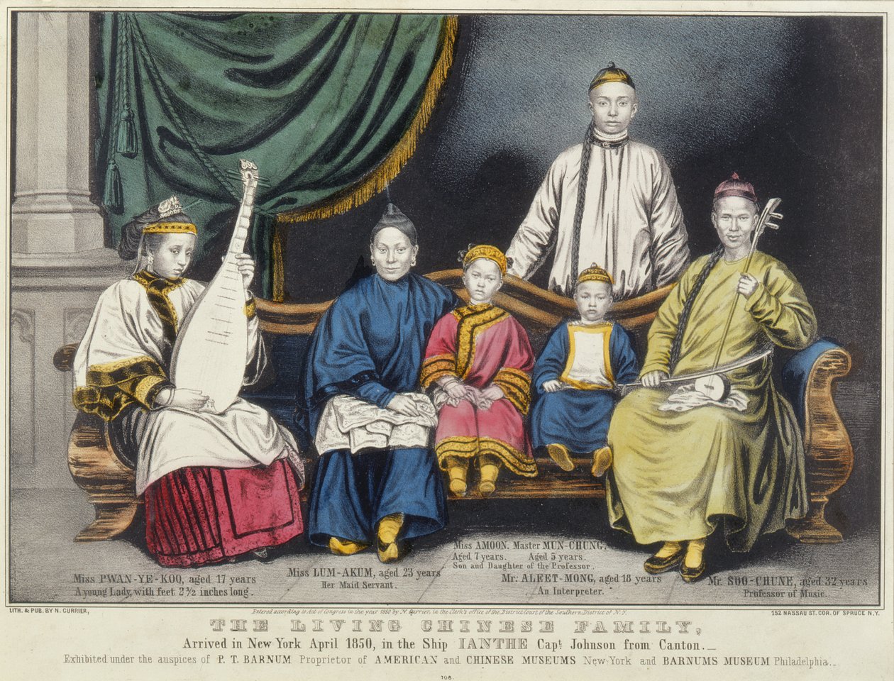 Poster die The Living Chinese Family adverteert, 1850 door Nathaniel Currier