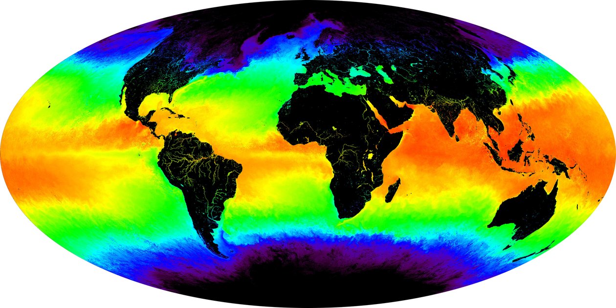 Zeeoppervlaktetemperatuur getoond in valse kleurenbeeld. een maandelijkse composiet voor mei 2001. Rood en geel geven warmere door National Aeronautics and Space Administration National Aeronautics and Space Administration
