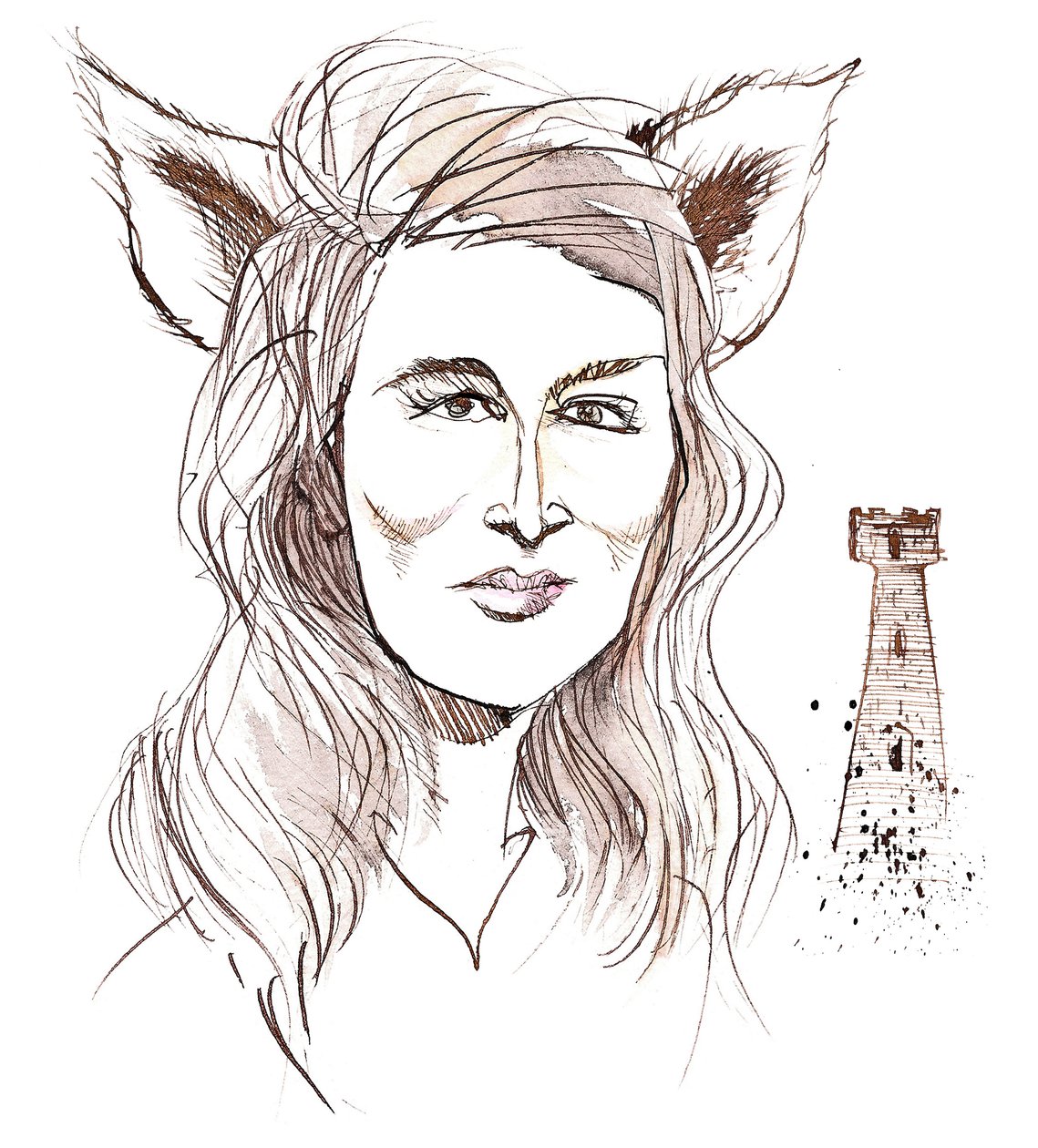Angela Carter, Engelse romanschrijver en journalist; gekarikaturiseerd met wolvenoren in verwijzing naar haar verhaal The Company of Wolves uit het boek The Bloody Chamber (1979) door Neale Osborne