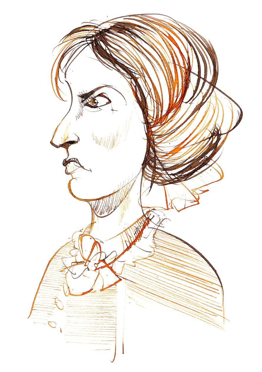 Charlotte Bronte - Engelse romanschrijfster en dichteres (1816 - 1855); profielkarikatuur door Neale Osborne