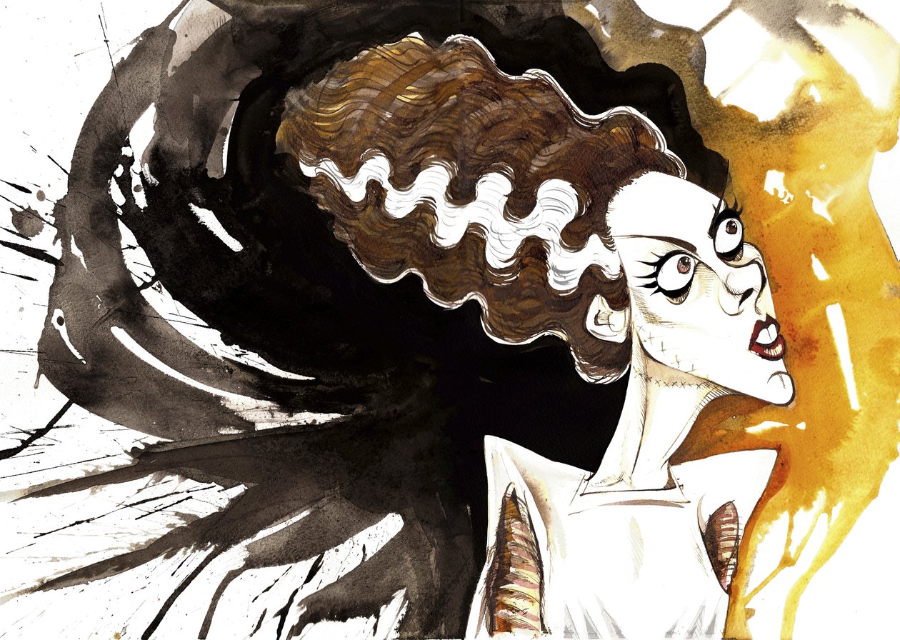 Elsa Lanchester, Engelse actrice (1902 - 1986); gekarikaturiseerd als de bruid uit de film Bride of Frankenstein (1935), geregisseerd door James Whale (Engelse acteur en regisseur, 1889-1957) door Neale Osborne