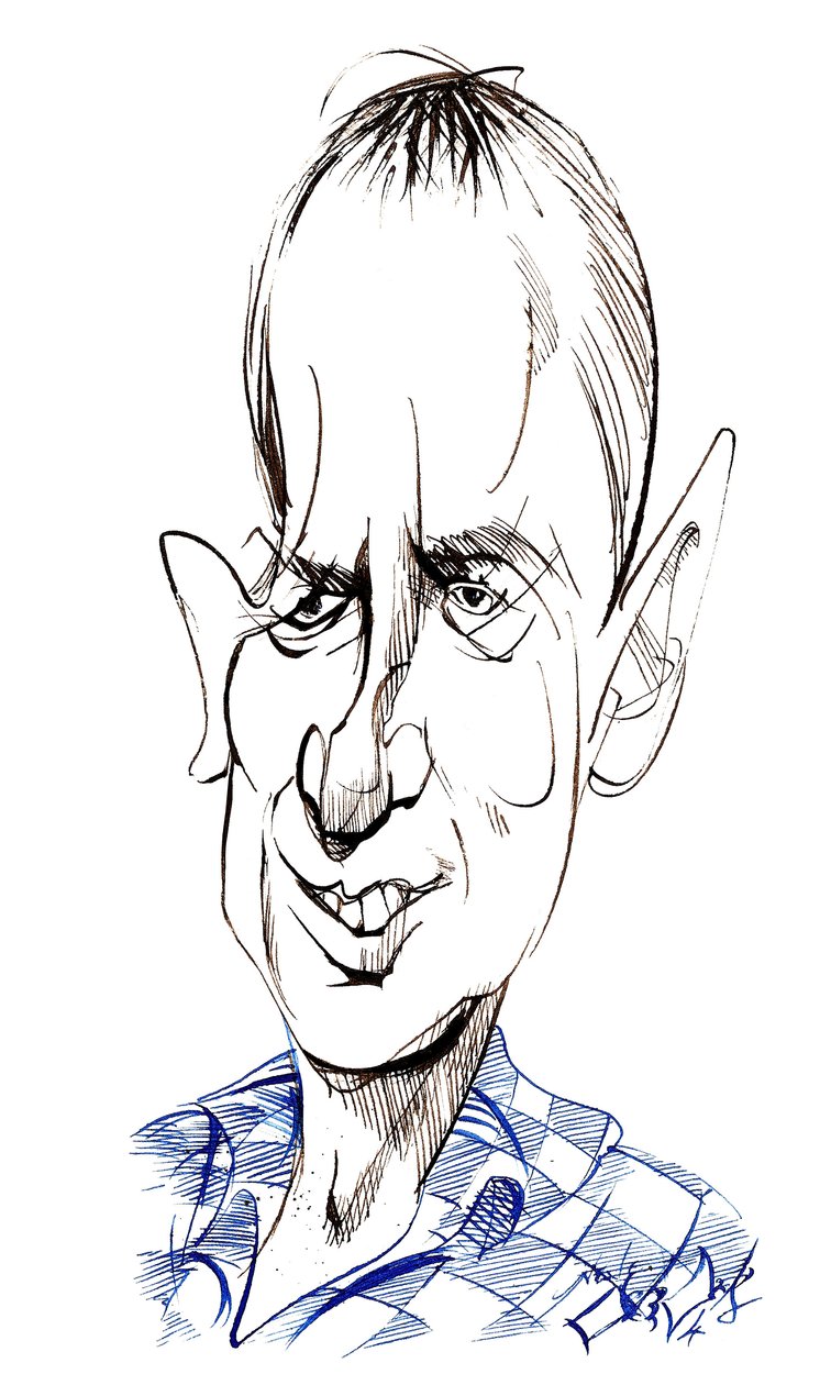 Frank Skinner - karikatuur van Engelse komiek, acteur, schrijver en presentator, geboren 1957 door Neale Osborne