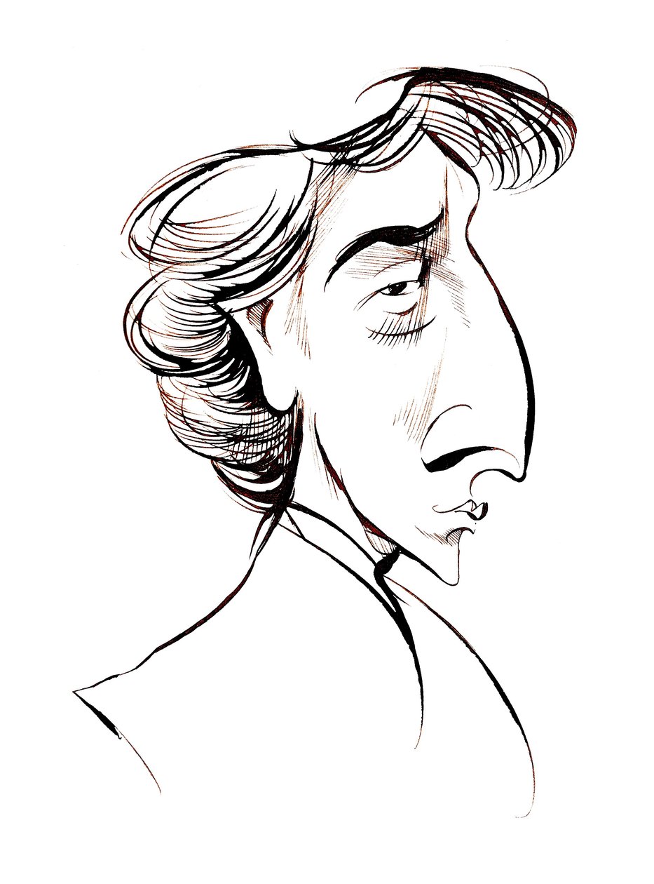 Frederic Chopin, Frans-Pools geboren componist en pianist, sepia lijn karikatuur door Neale Osborne