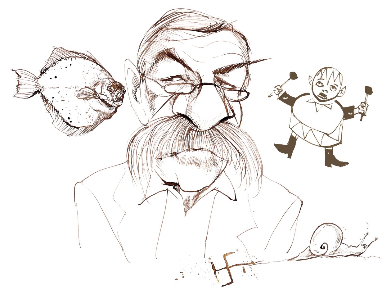Günter Grass, Duitse romanschrijver, dichter, toneelschrijver en kunstenaar; gekarikaturiseerd met verwijzingen naar zijn boeken: De bot (1977 roman); Uit het dagboek van een slak door Neale Osborne