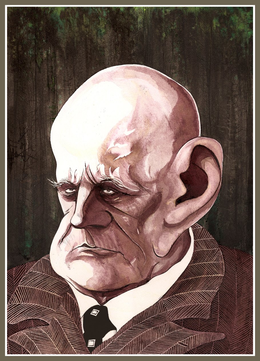 Jean Sibelius, Finse componist (1865-1957), kleur inkt karikatuur, 2003 door Neale Osborne
