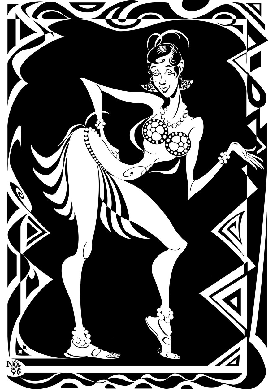 Josephine Baker, Amerikaanse danseres en zangeres (1906-75), zwart-wit karikatuur met zigzag rand, 2006 door Neale Osborne