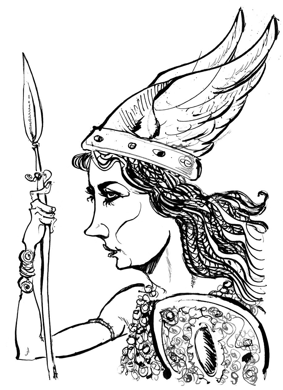 Kirsten Flagstad als Brünnhilde uit de opera Die Walküre van Richard Wagner; zwart-wit karikatuur door Neale Osborne