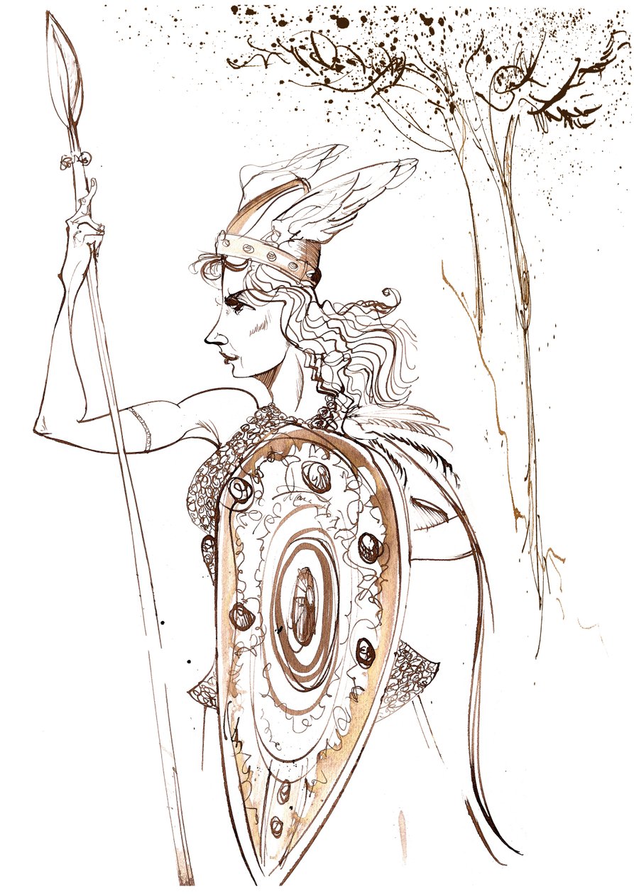 Kirsten Flagstad als Brünnhilde uit de opera Die Walküre van Richard Wagner; sepia karikatuur door Neale Osborne