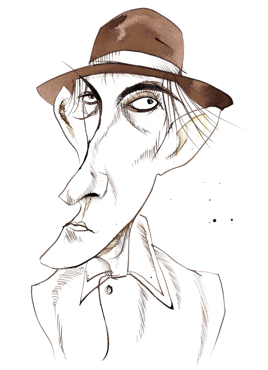 Peter Cook, Engelse komische acteur en schrijver, (1937 - 95) gekarikaturiseerd als het personage E door Neale Osborne