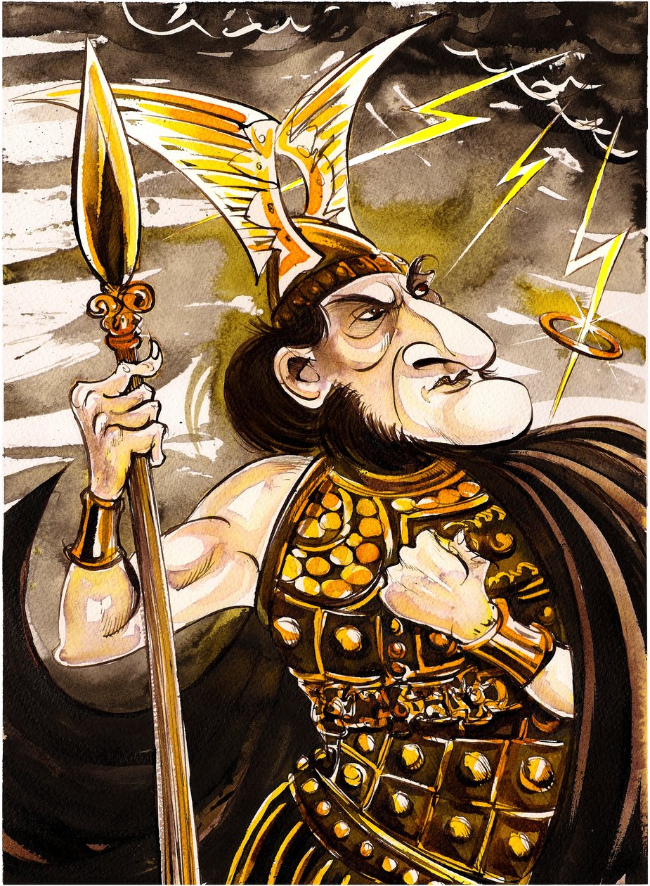 Richard Wagner als Wotan - karikatuur als heerser van de goden in De Ring van de Nibelung operacyclus (1876) door Neale Osborne
