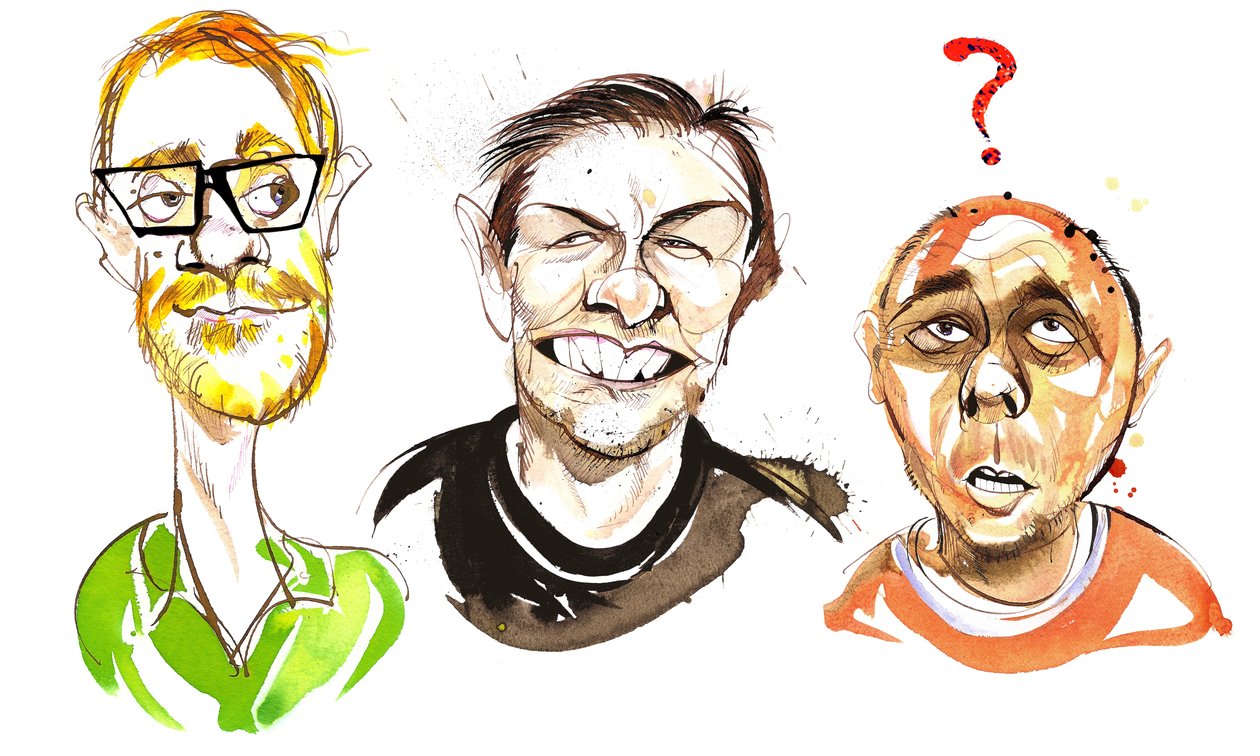 The Ricky Gervais Show met Engelse komedieacteurs: Stephen Merchant, Ricky Gervais en Karl Pilkington door Neale Osborne