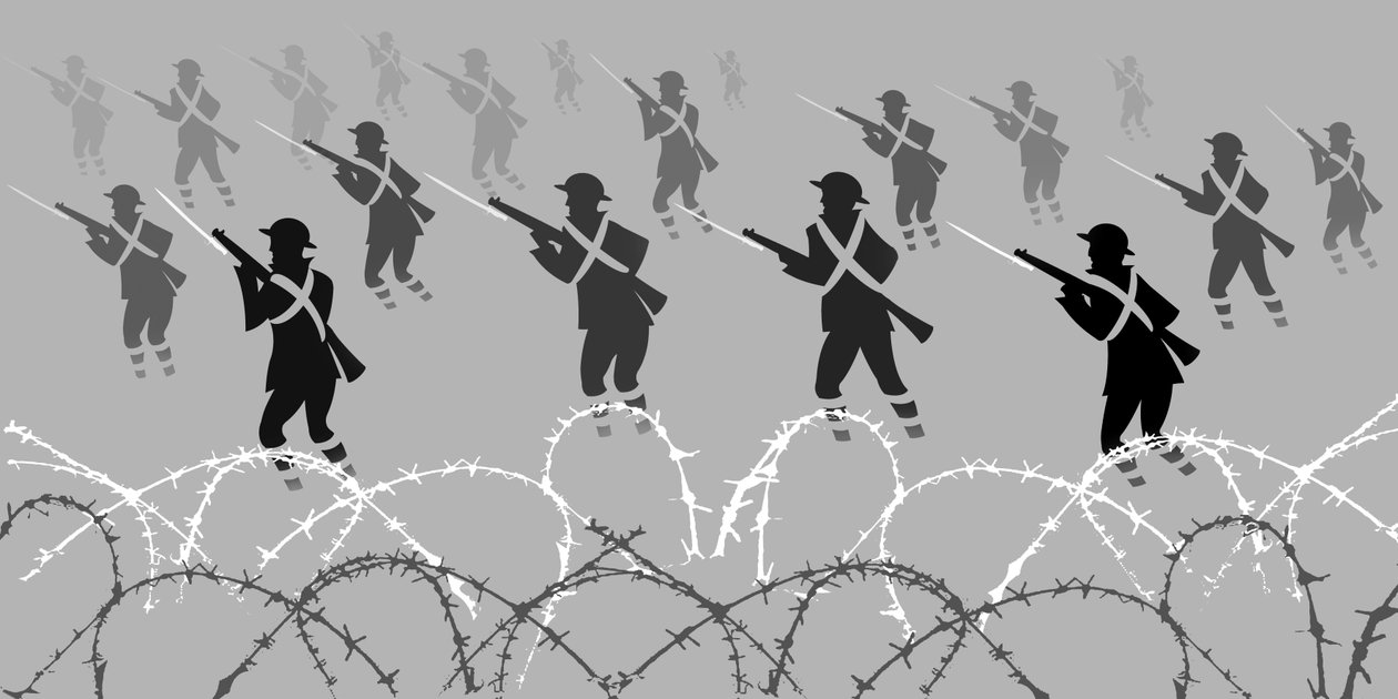 Eerste Wereldoorlog soldaten met bajonetten - komen uit loopgraven door Neale Osborne