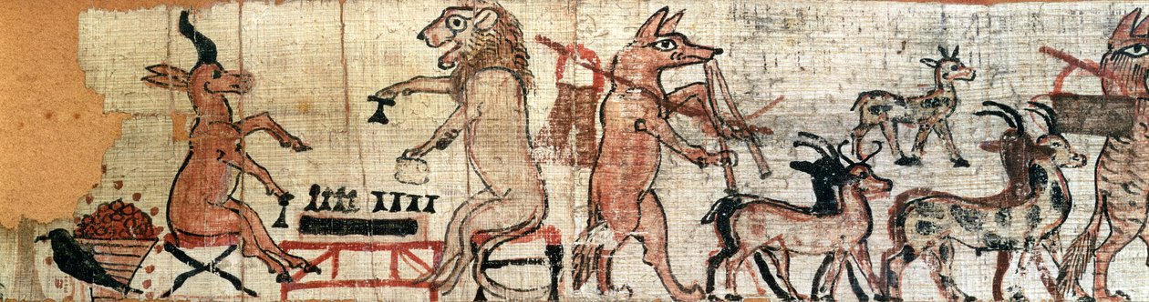 De Satirische Papyrus, detail van de linkerkant met een leeuw en een antilope die het senet-spel spelen, uit Thebe, ca. 1100 v.Chr. door New Kingdom Egyptian