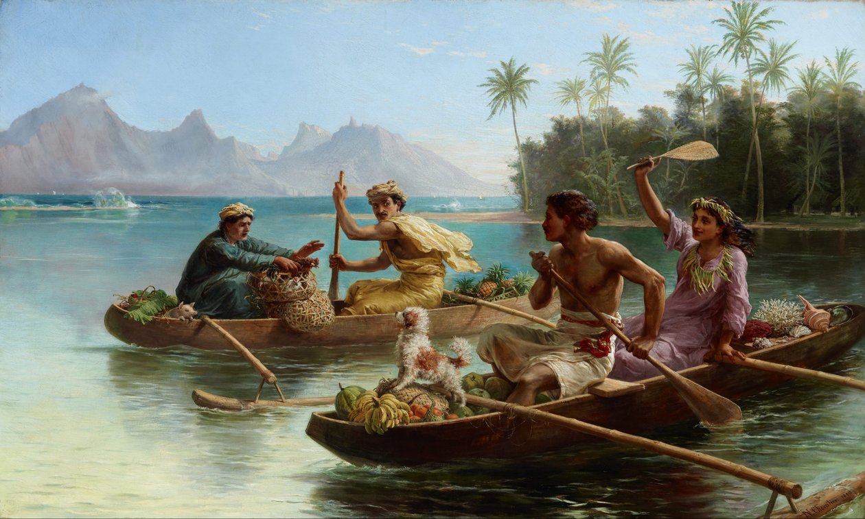 Race naar de markt, Tahiti door Nicholas Chevalier