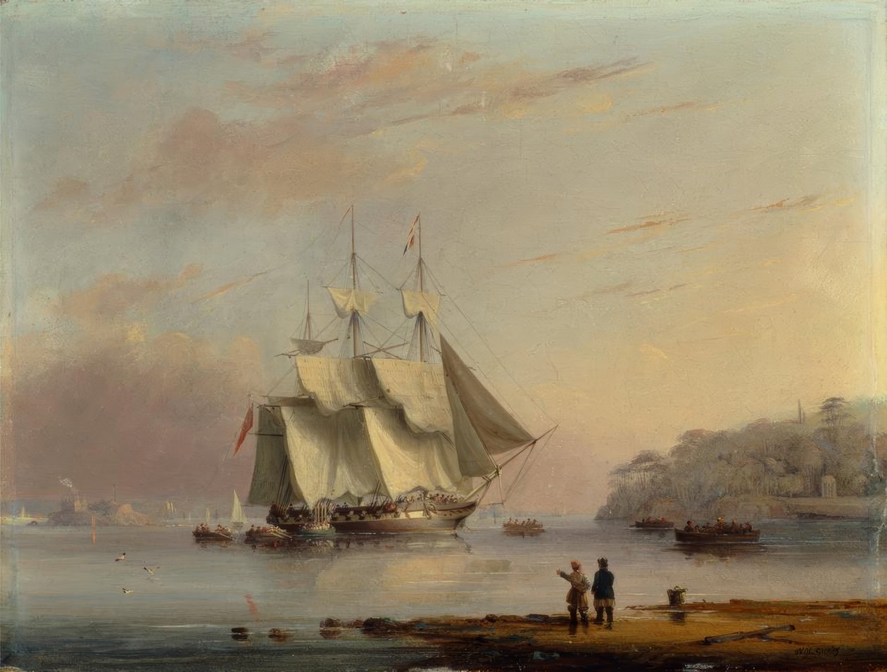 Een Britse fregat voor de kust bij Mount Edgecumbe, Plymouth door Nicholas Condy