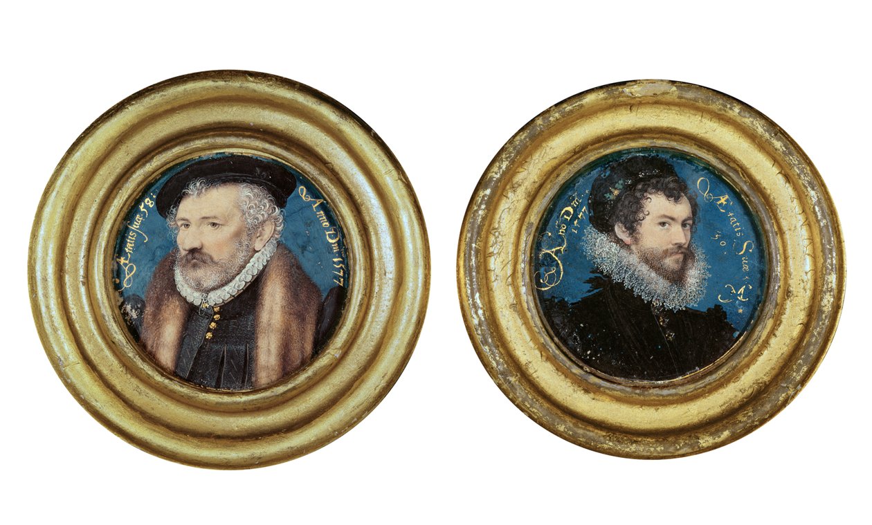 LtoR: Richard Hilliard (1518-94) de vader van de kunstenaar, ca. 1577, en Zelfportret, 1577 door Nicholas Hilliard