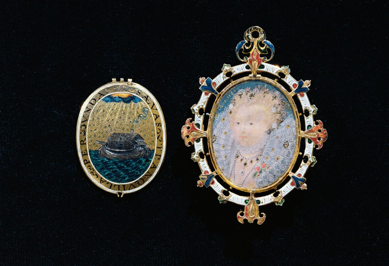 Het Heneage juweel of Armada juweel, miniatuur van koningin Elizabeth I in een met juwelen versierde kist, ca. 1595 door Nicholas Hilliard