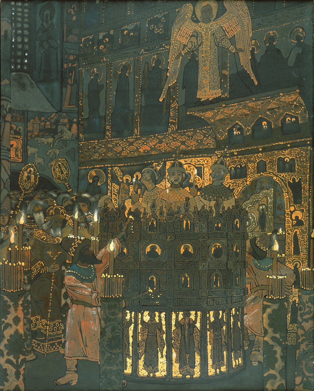 Mysteriespel in middeleeuws Novgorod door Nicholas Roerich
