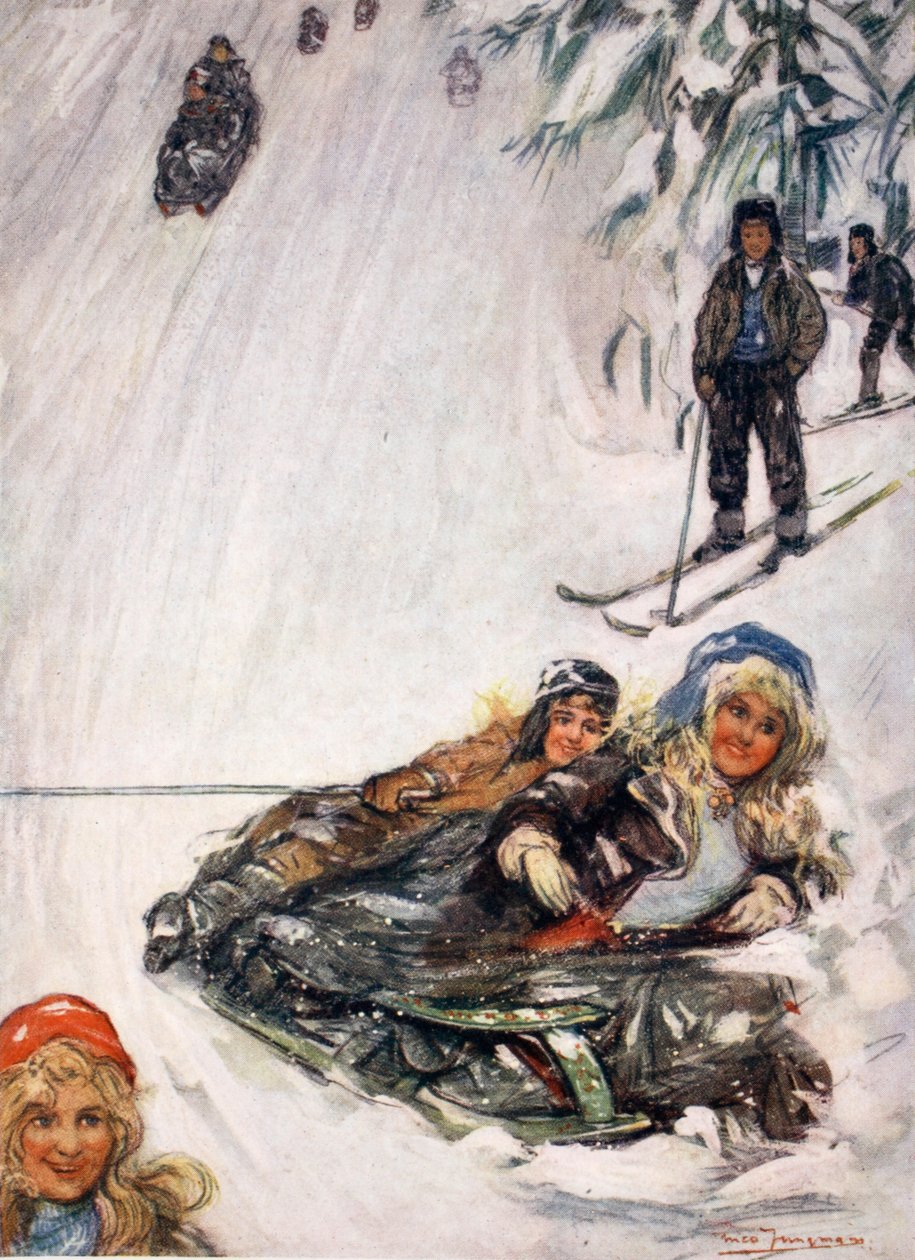 Meisjes op omgekeerde slee, Holmencollen, 1905 door Nico Jungman