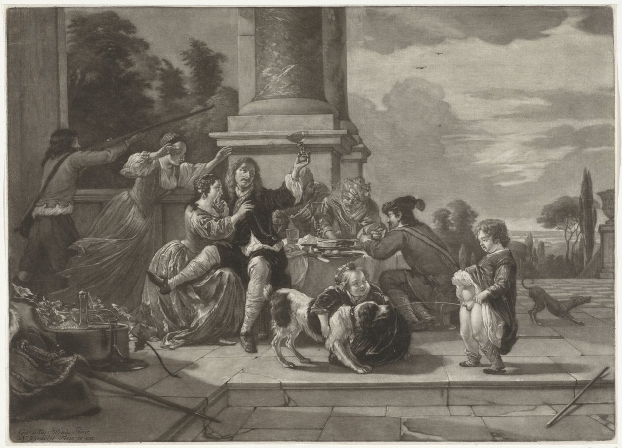 Vrolijk gezelschap op een terras door Nicolaas Verkolje