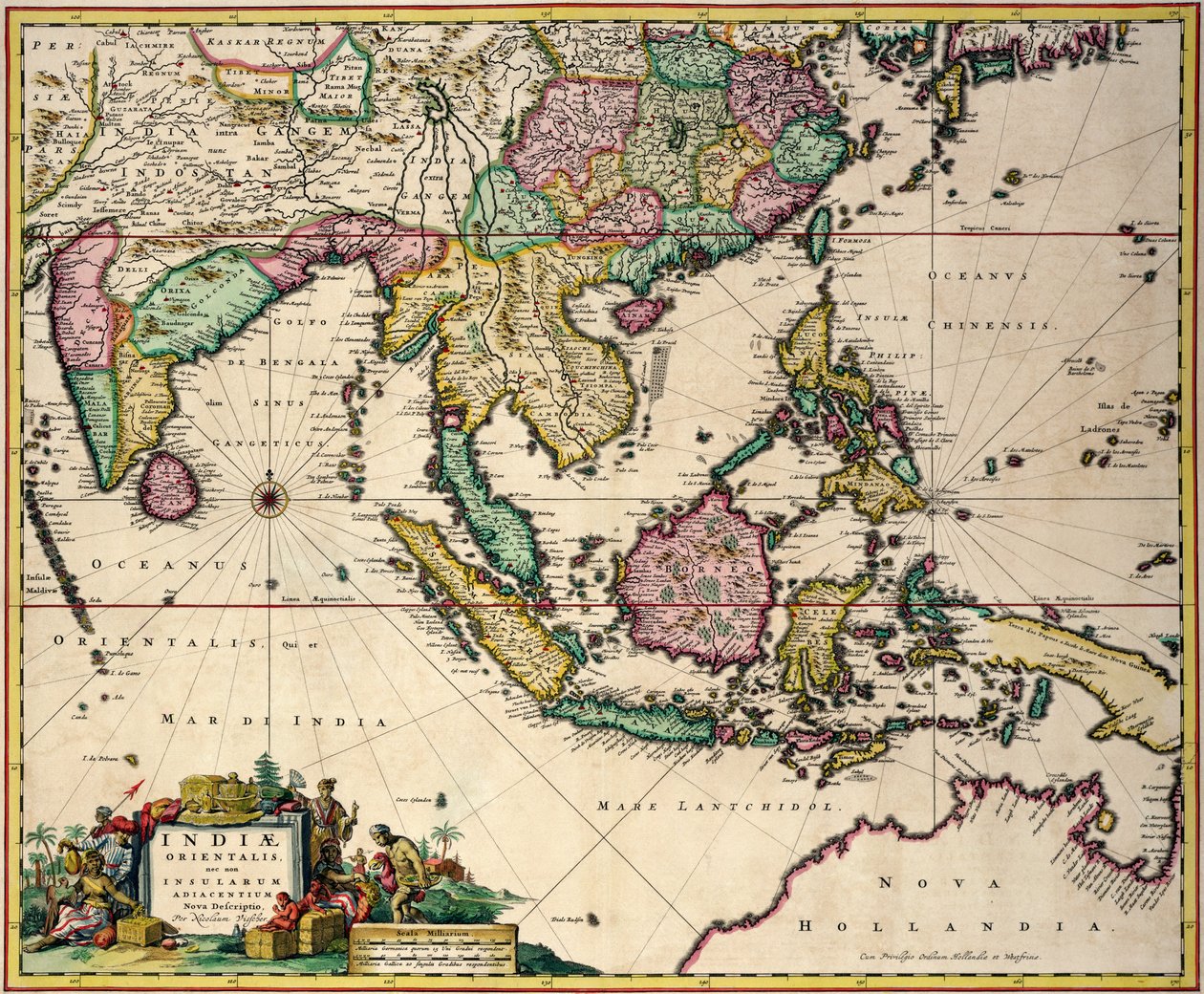 Algemene kaart van India en Ceylon tot noordwestelijk Australië via zuidelijk Japan, de Filippijnen, het Maleisisch Schiereiland en de Indonesische archipel door Nicolaes Jansz Visscher