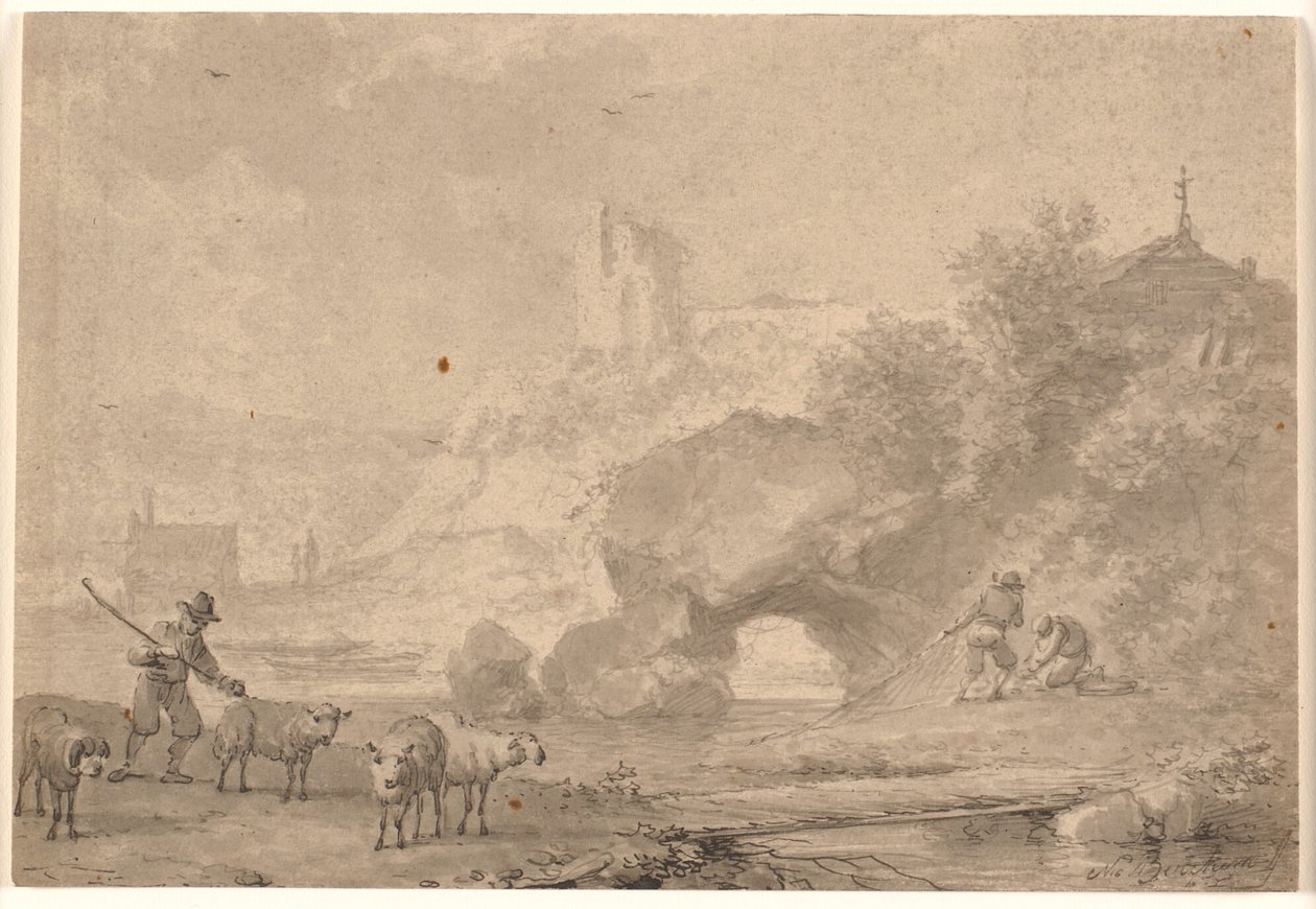 Schaapherder en vissers in een zuidelijk rivierlandschap door Nicolaes Berchem