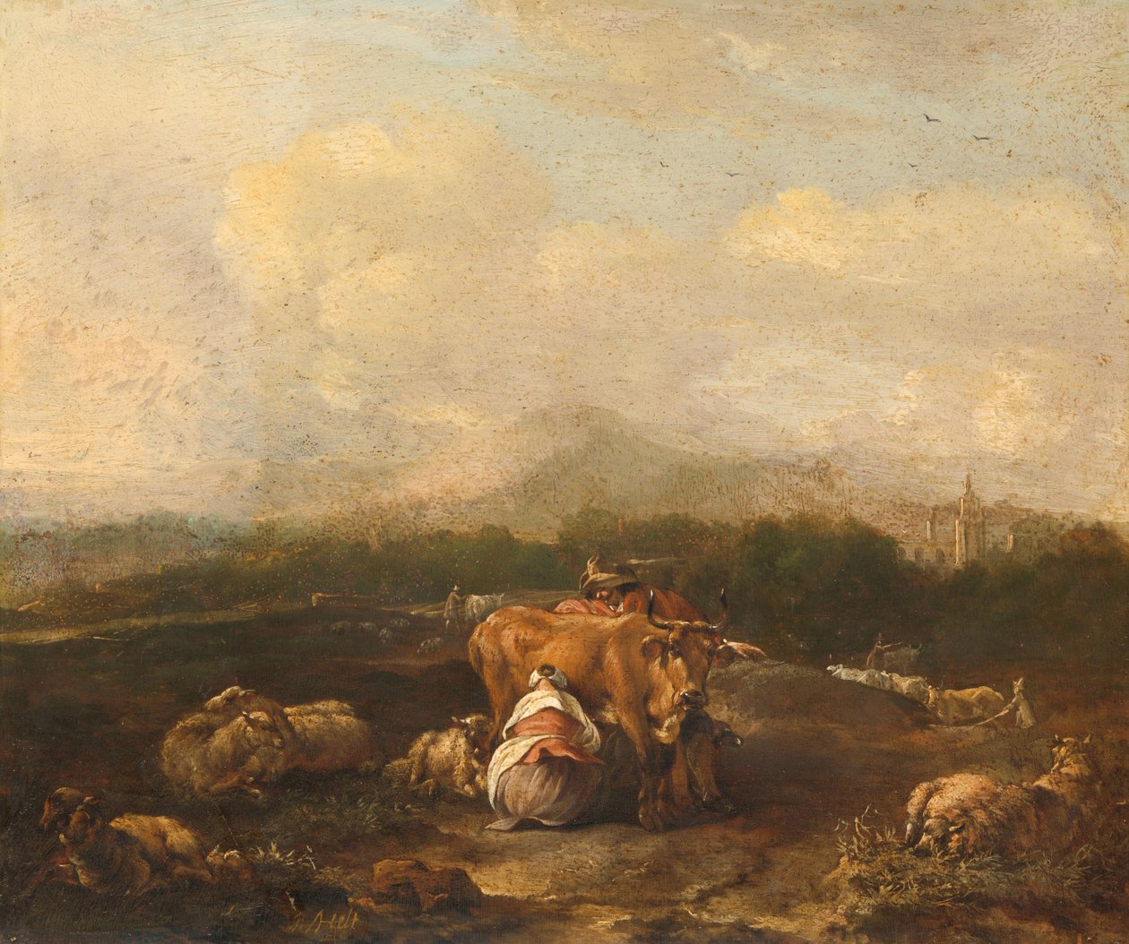 Italiaans landschap met vee door Nicolaes Van Helt Stockade