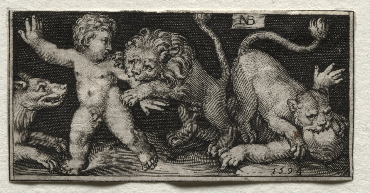 Leeuwen die kinderen aanvallen door Nicolaes de Bruyn