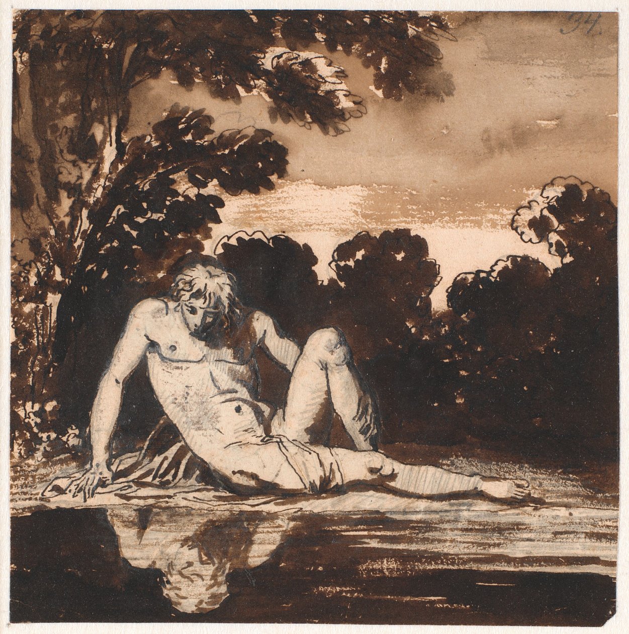Hyachinthos, Apollons jongeling, Narcissus, rustend bij de beek door Nicolai Abildgaard