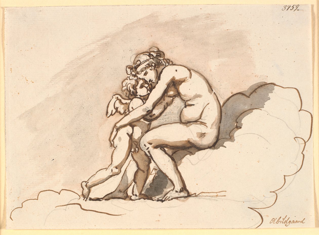 Venus, zittend in de wolken, omhelst Amor door Nicolai Abildgaard