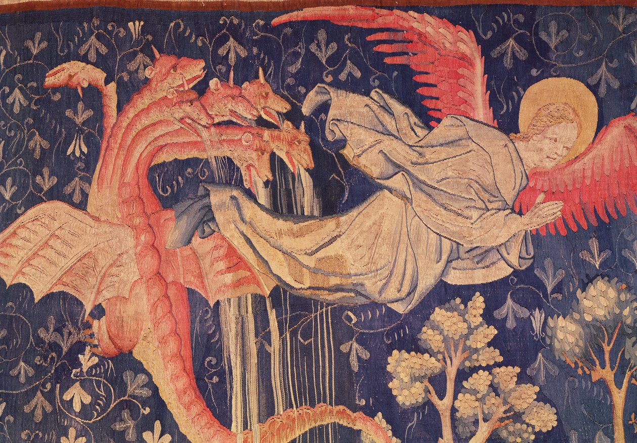 De Draak die de vrouw achtervolgt, detail van de draak die water spuwt, uit het Apocalyps Tapijt van Angers, 1373-87 door Nicolas Bataille