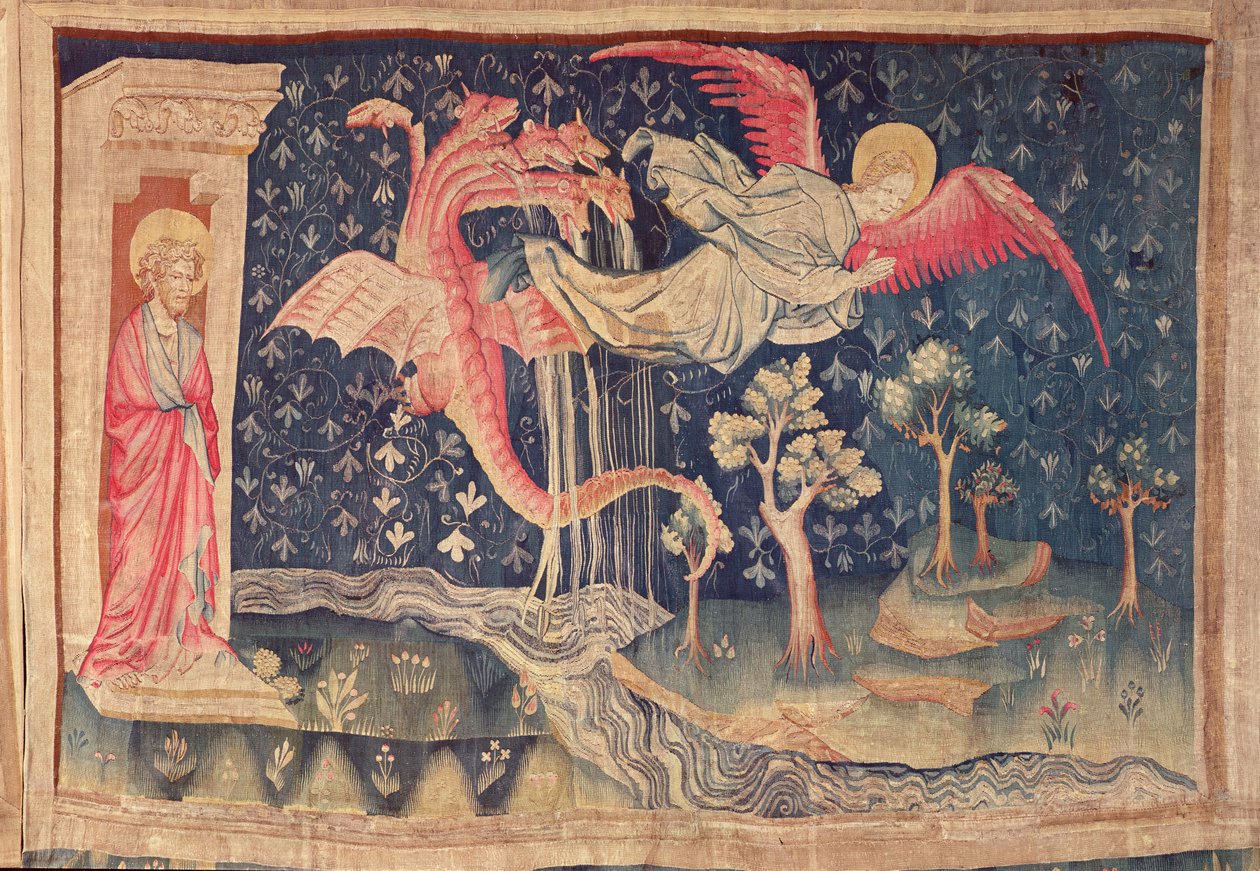 De Draak die de vrouw achtervolgt, uit de Apocalyps Tapisserie van Angers, 1373-87 door Nicolas Bataille